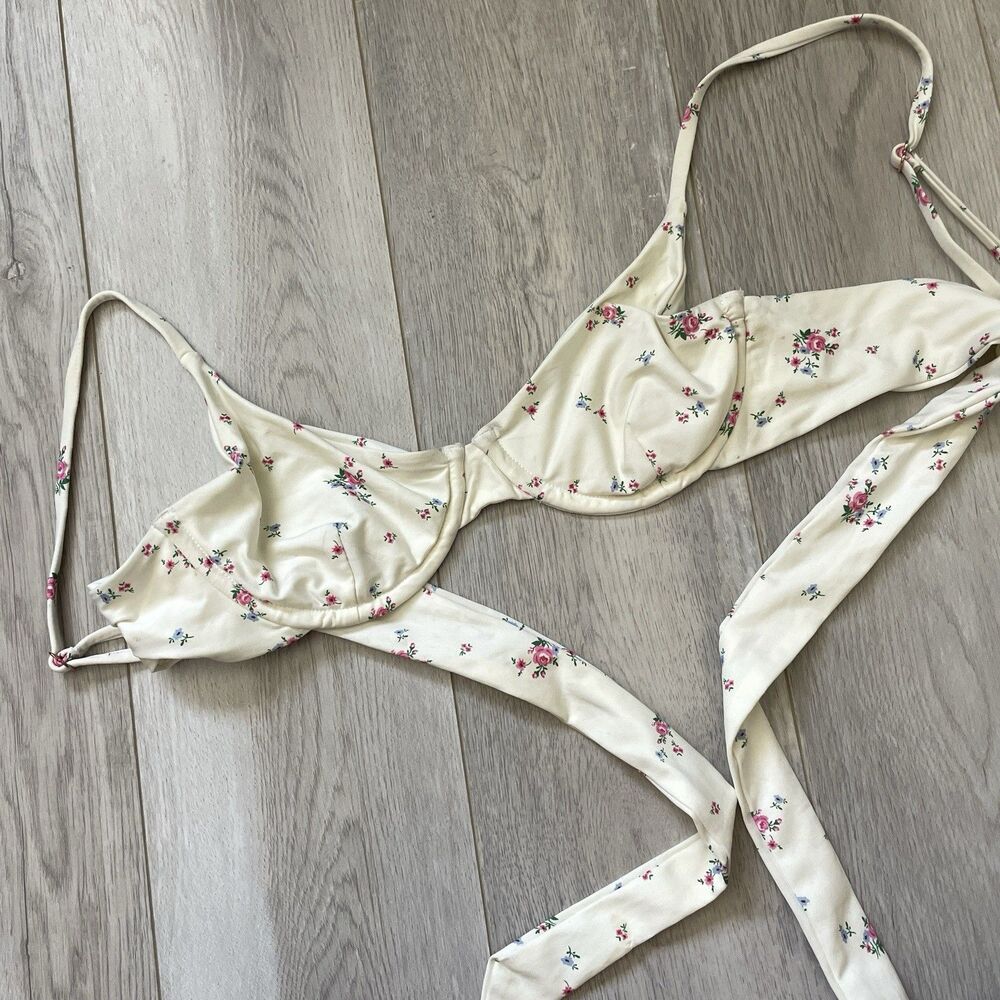 Kasakai Bikini Top floral plunge underwire tie back womens Cream (small) swim